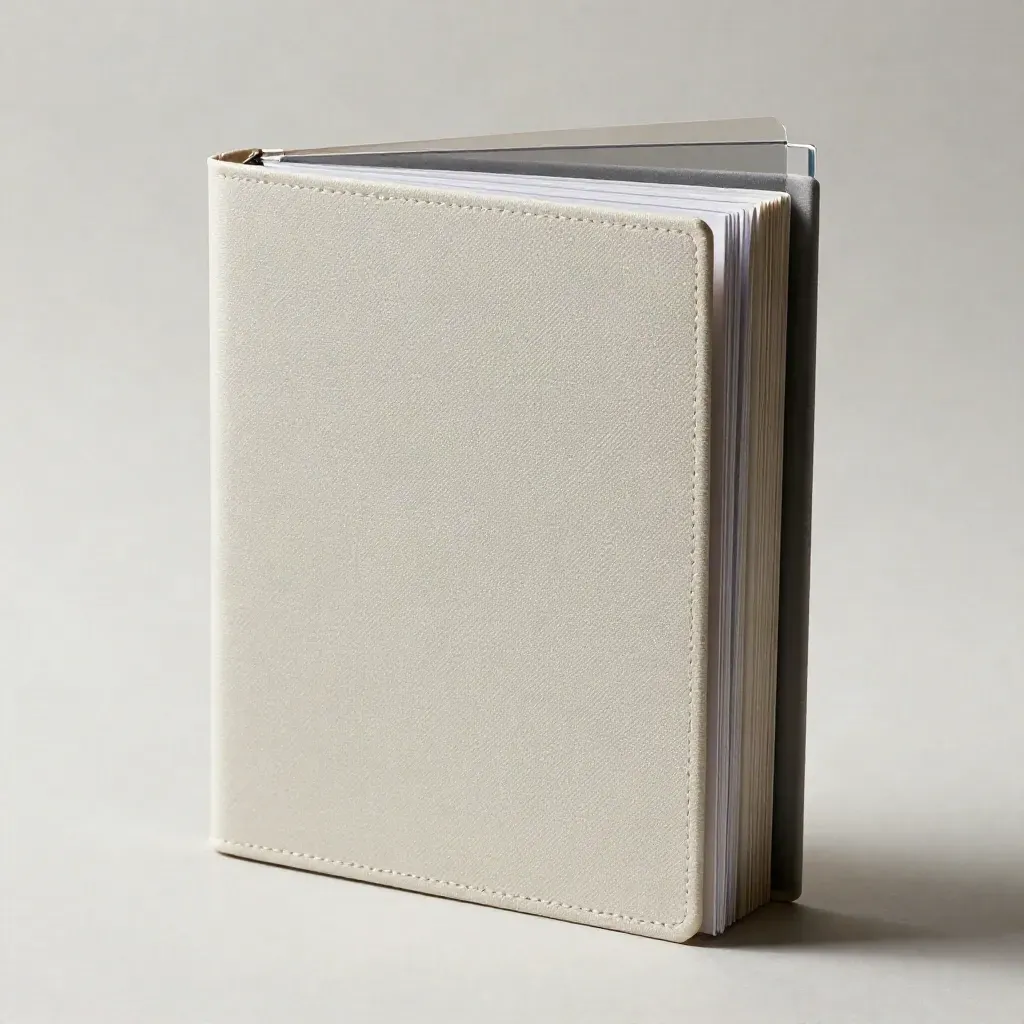Macro valuation report folio with acetate sleeve and silver tab in pale light