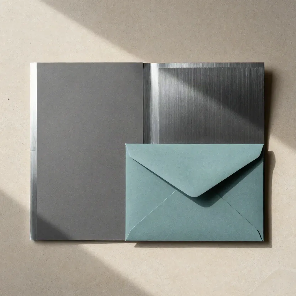 Top-down report pack, two folders and a blank envelope on sand with a muted teal accent.