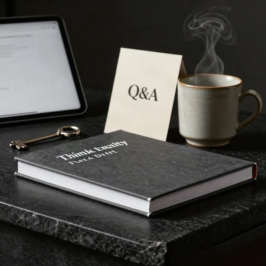 Charcoal folios, white session card, steaming cup, and angled tablet on a matte-black plinth